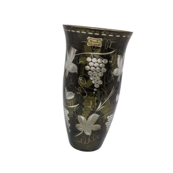 Egermann Bohemian Czech Olive Green Floral Etched Glass Vase Cut To Clear 9 Inch - Picture 1 of 10